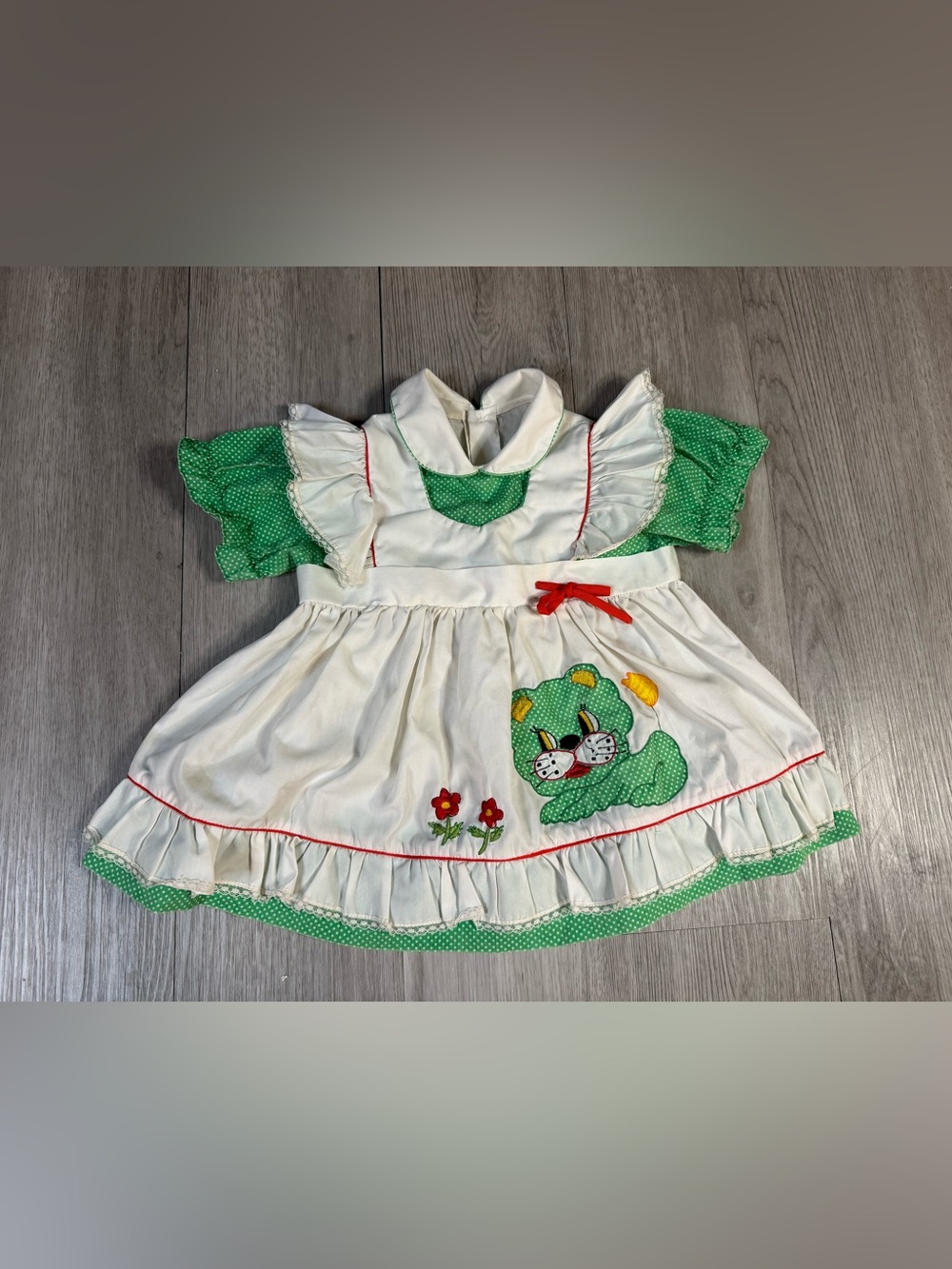 Vintage Baby Pinafore Dress White Green Polka Dot Collared Cat Applique 3/6 mths